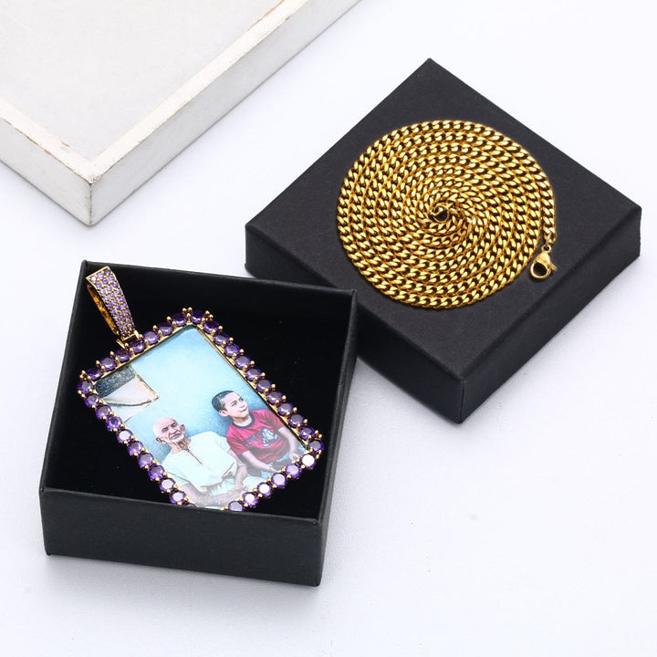 Personalized Purple Stone Rectangle Photo Necklace- Best Gifts For Her