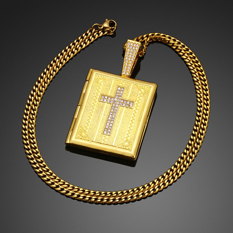 Personalized Photo Medallion Necklace Cross Locket Pendant- Bible Cross Necklace