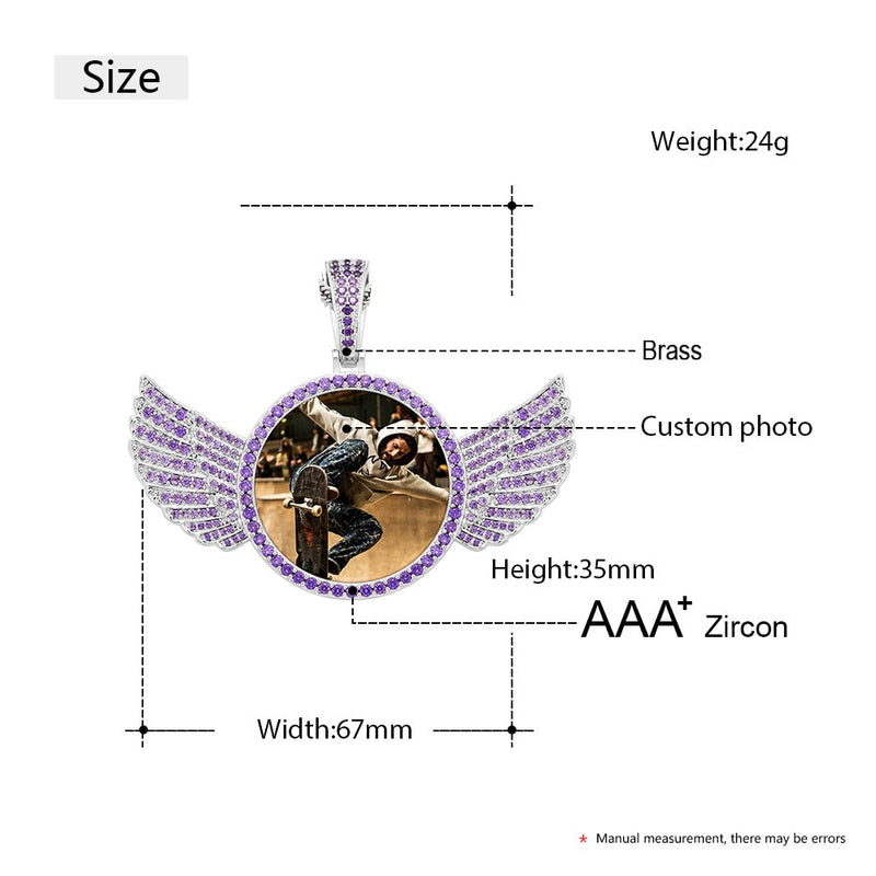 Brand New Purple Stone Wing Photo Medallion Necklace- Personalized Photo Medallion Necklace With Custom Words, Name, Date