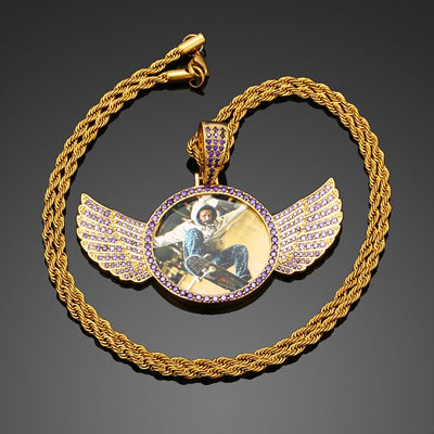 Brand New Purple Stone Wing Photo Medallion Necklace- Personalized Photo Medallion Necklace With Custom Words, Name, Date