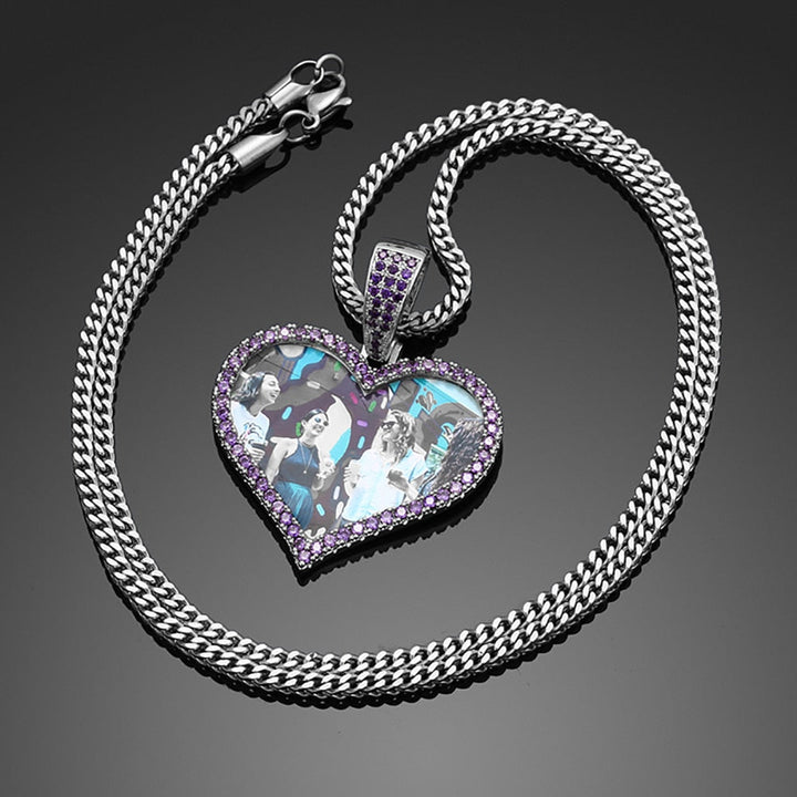 Brand New Purple Stone Personalized Heart Photo Medallion Necklace- Custom Photo Medallion Necklace With Words, Name, Date