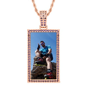 Brand New Custom Made Purple Stone Rectangle Photo Medallion Necklace