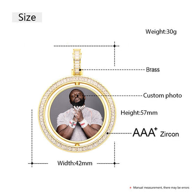 Brand New Custom Photo Rotating Double-Sided Medallions Pendant Necklace With Cubic Zirconia Stone