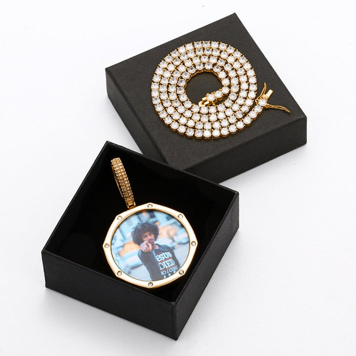14K Plated Gold Pendant Custom Photo Medallion Necklace With 8 Micro Nano Stone
