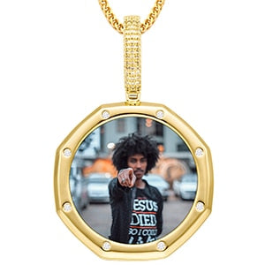 14K Plated Gold Pendant Custom Photo Medallion Necklace With 8 Micro Nano Stone