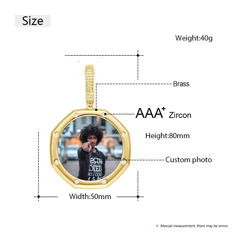 14K Plated Gold Pendant Custom Photo Medallion Necklace With 8 Micro Nano Stone