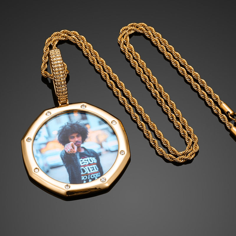 14K Plated Gold Pendant Custom Photo Medallion Necklace With 8 Micro Nano Stone