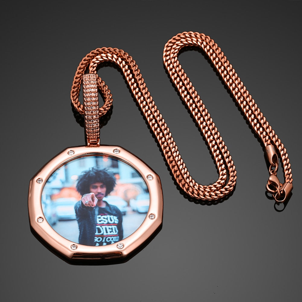 14K Plated Gold Pendant Custom Photo Medallion Necklace With 8 Micro Nano Stone