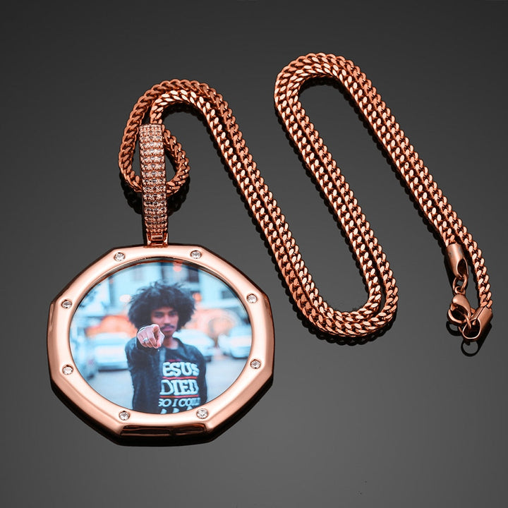 14K Plated Gold Pendant Custom Photo Medallion Necklace With 8 Micro Nano Stone