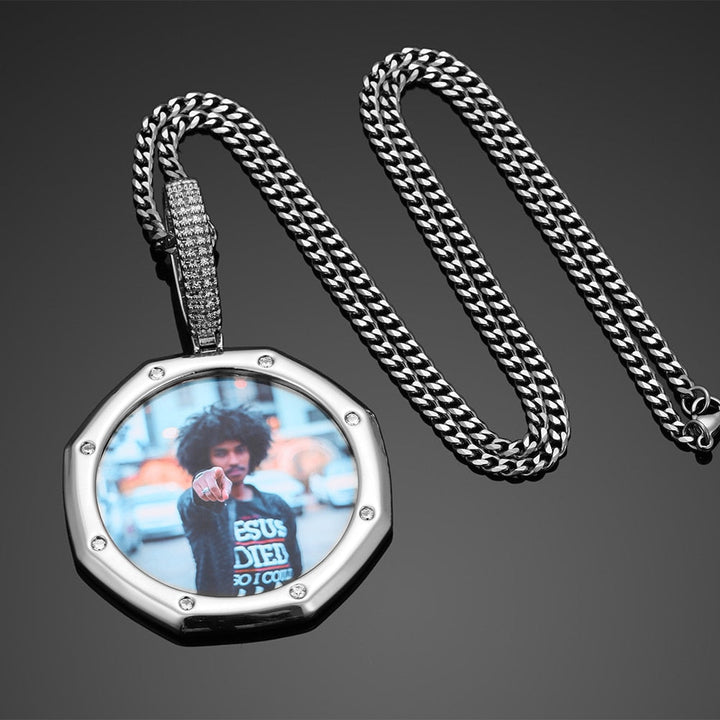 14K Plated Gold Pendant Custom Photo Medallion Necklace With 8 Micro Nano Stone