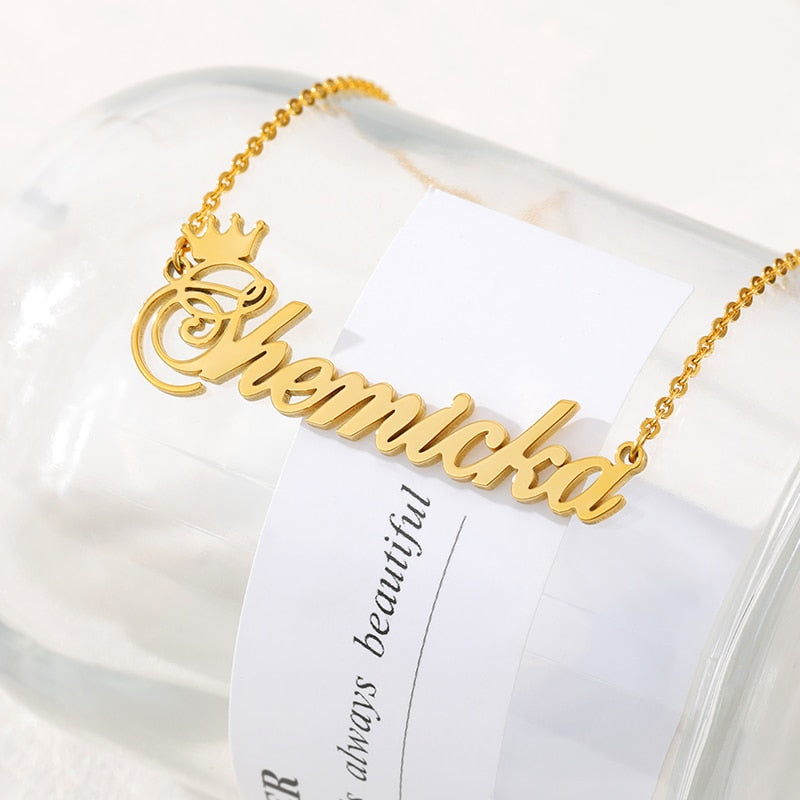 18k Gold Plated Custom Name Necklace With Crown- Christmas gifts