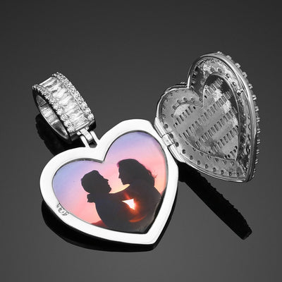 Micro Pave Cubic Zircon Heart Photo Medallion Necklace- Hip Hop Locket Pendant Necklace For Girls
