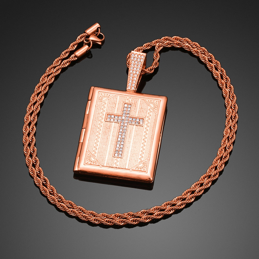 Personalized Photo Medallion Necklace Cross Locket Pendant- Bible Cross Necklace