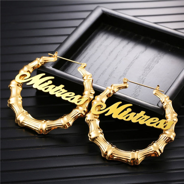 Personalized Bamboo Name Earrings-Hoop Earrings