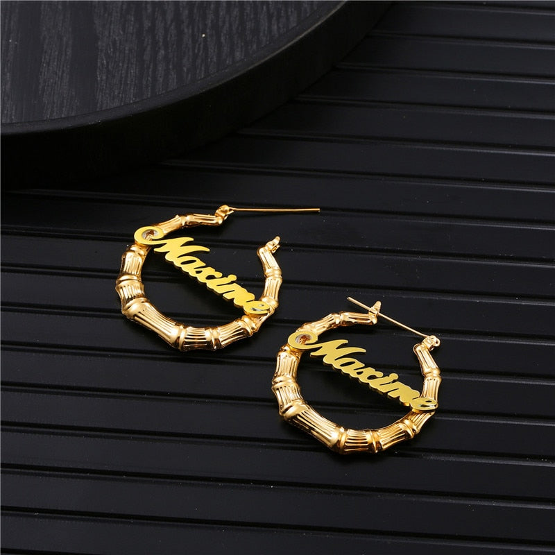 Personalized Bamboo Name Earrings-Hoop Earrings