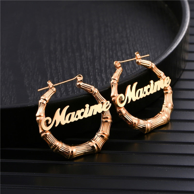 Personalized Bamboo Name Earrings-Hoop Earrings