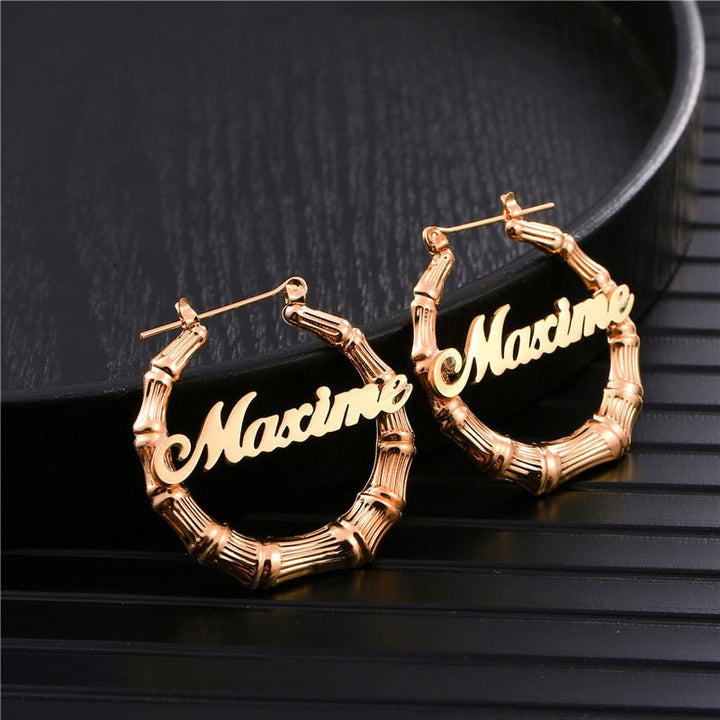 Personalized Bamboo Name Earrings-Hoop Earrings