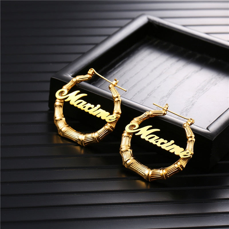 Personalized Bamboo Name Earrings-Hoop Earrings