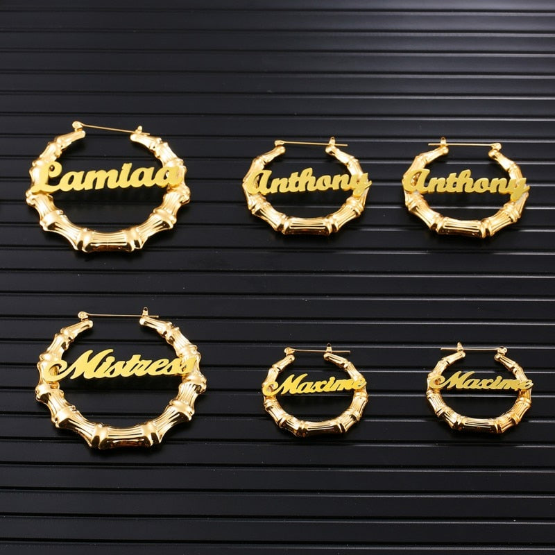 Personalized Bamboo Name Earrings-Hoop Earrings