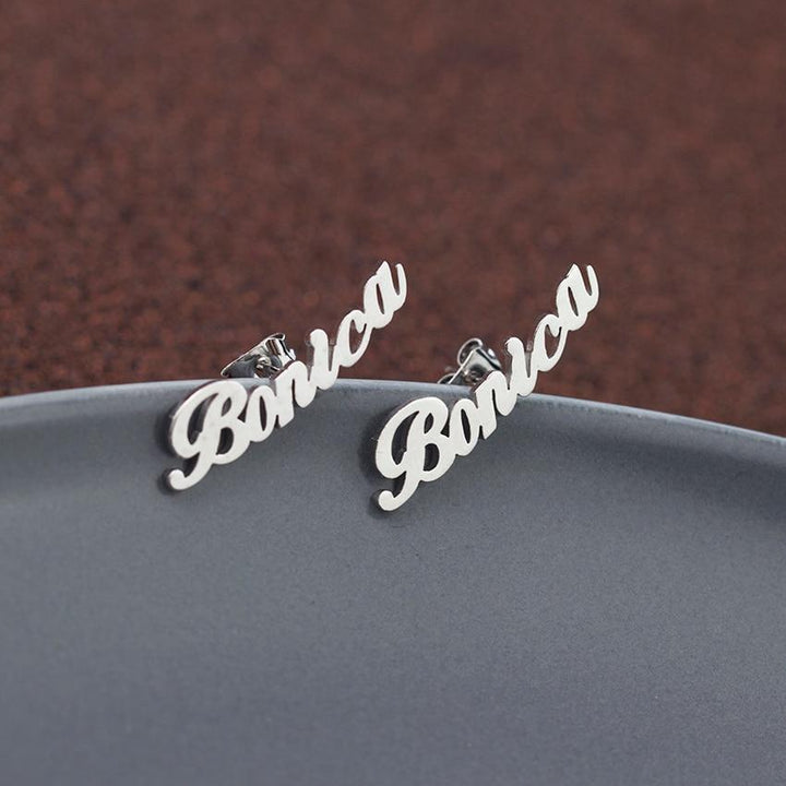 Name Plate Earrings- Initial Cursive Stud Earring For Women