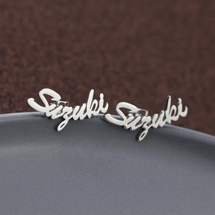 Name Plate Earrings- Initial Cursive Stud Earring For Women