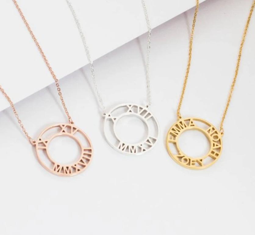 Personalized Roman Numeral Circle Necklace