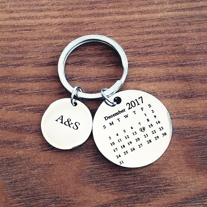Personalized Calendar Keychain- Round Shape With Name, Initial and a Heart With Special Date