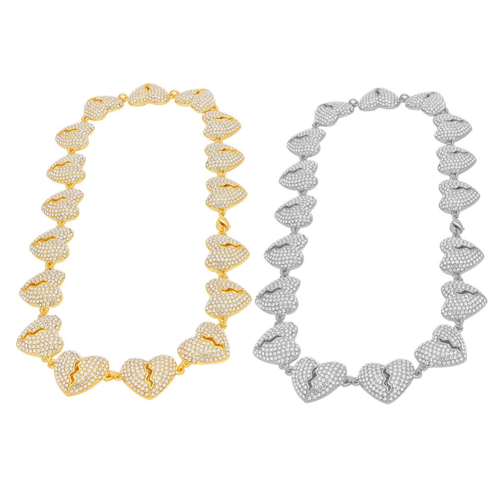 Broken Heart Necklaces Full Iced Out CZ Rhinestone Hip Hop Jewelry
