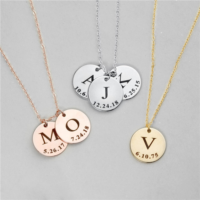 Personalized Initial Disc Necklace With Date