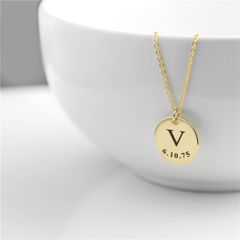 Personalized Initial Disc Necklace With Date