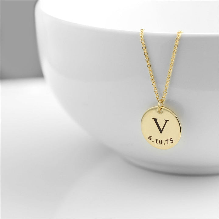 Personalized Initial Disc Necklace With Date