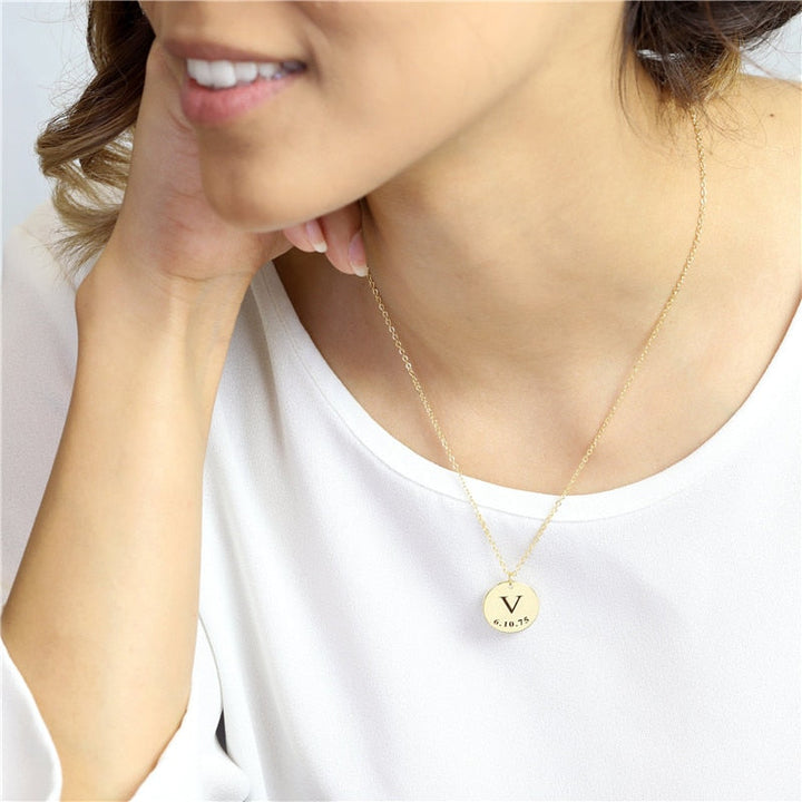 Personalized Initial Disc Necklace With Date