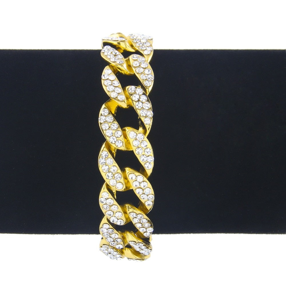 Hip Hop Bracelet- Iced Out 15mm Bling Full Rhinestone Cuban Link Chain