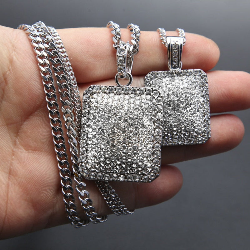Hip Hop Necklace-Square Dog Army Tag Pendant Tennis Chain