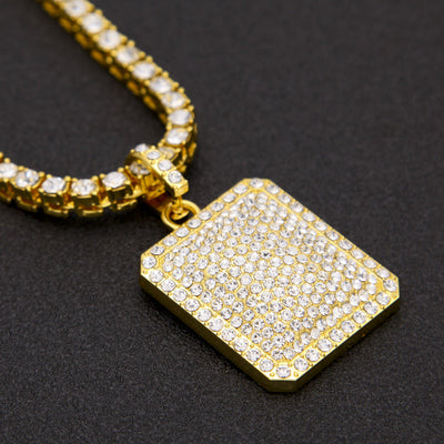 Hip Hop Necklace-Square Dog Army Tag Pendant Tennis Chain