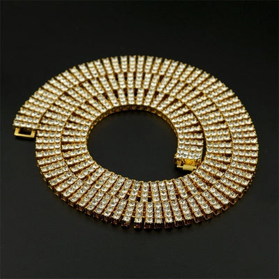 Men's Hip Hop Rock Gold Necklace- 4 ROW Rhinestone Tennis Link Chain