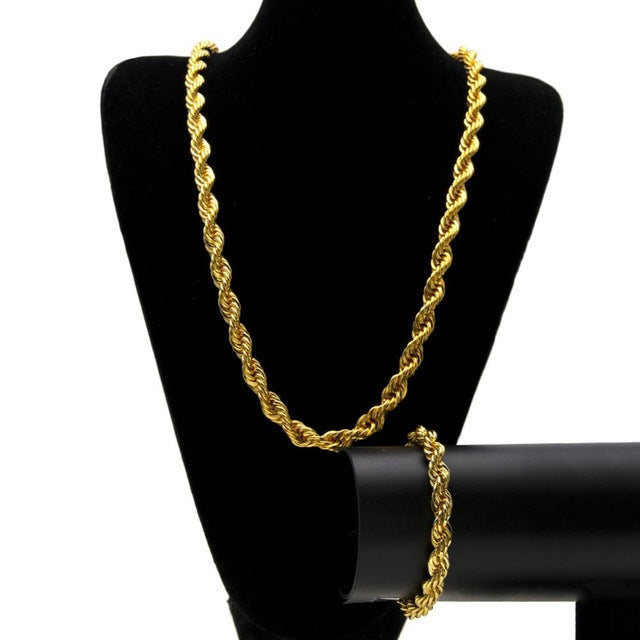 Hip Hop Jewelry Sets- 10mm Rope Chain Necklace & Bracelet