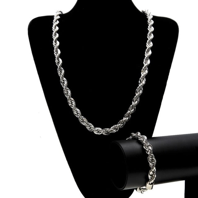 Hip Hop Jewelry Sets- 10mm Rope Chain Necklace & Bracelet