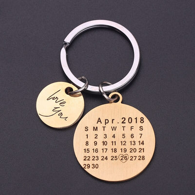 Personalized Calendar Keychain- Round Shape With Name, Initial and a Heart With Special Date
