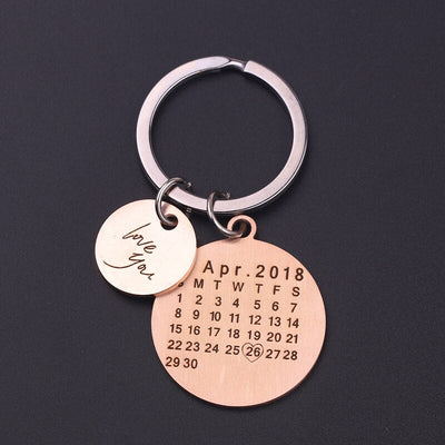 Personalized Calendar Keychain- Round Shape With Name, Initial and a Heart With Special Date