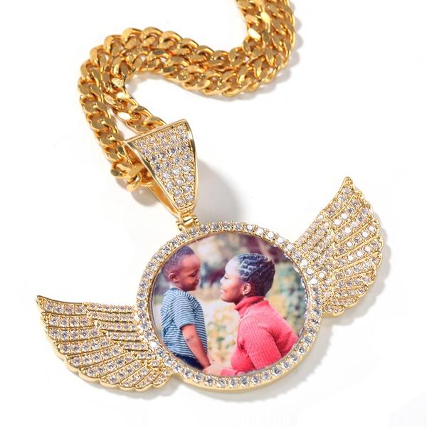 18k Gold Plated Personalized Photo Wings Pendant Medallion Necklace