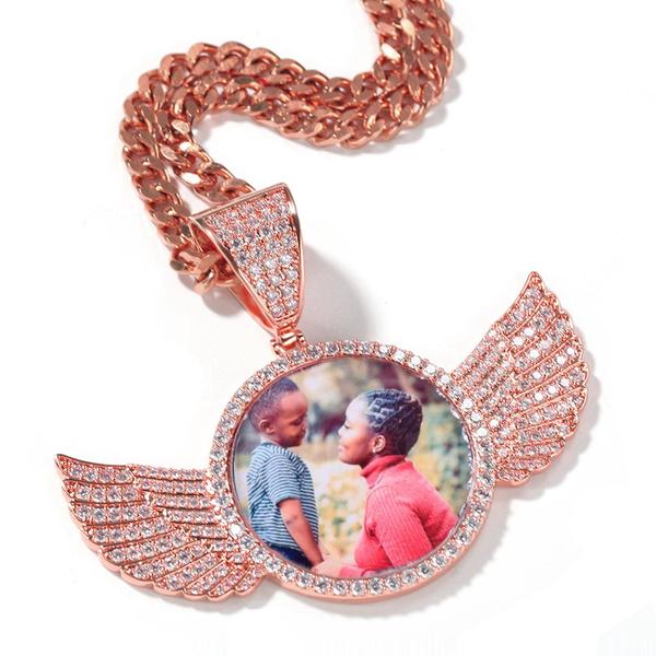 18k Gold Plated Personalized Photo Wings Pendant Medallion Necklace