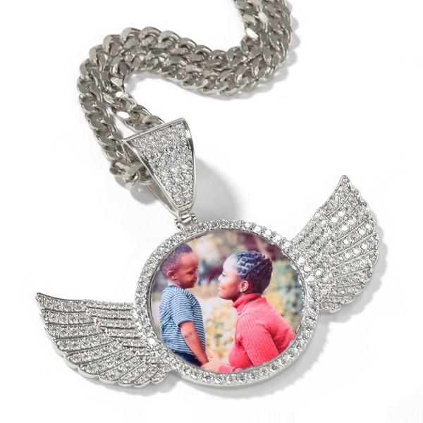 18k Gold Plated Personalized Photo Wings Pendant Medallion Necklace